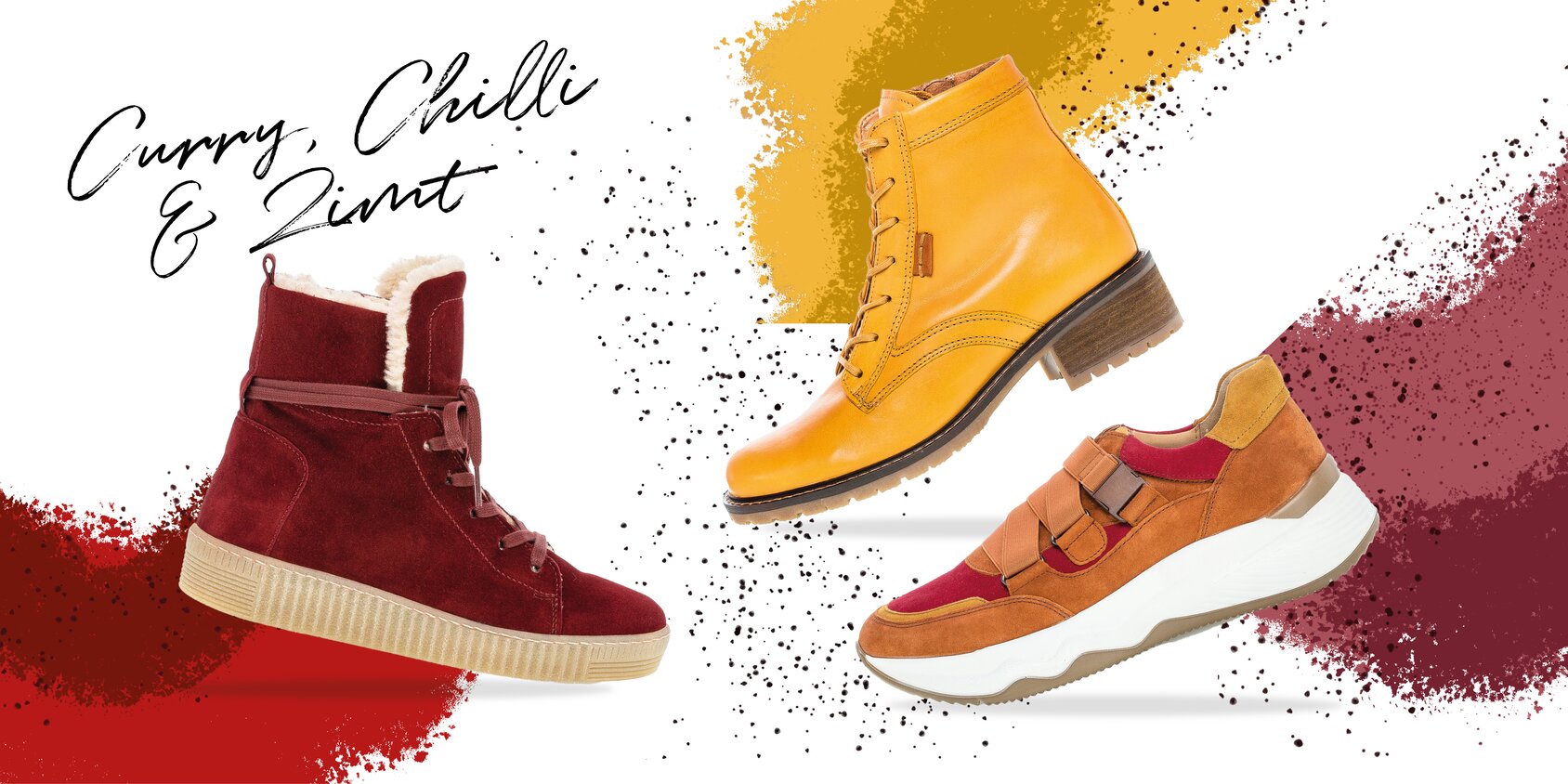 Gabor Magazin | Trends & Styling | Schuhe in Currygelb, Chillirot und Zimtbraun | © Gabor Shoes AG, Deutschland